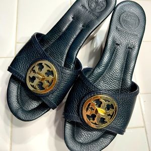 Tory Burch Navy Leather Slides, 7M
